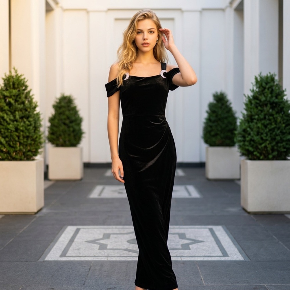 Alex Evenings Black Strapless Dress with Silver Accents